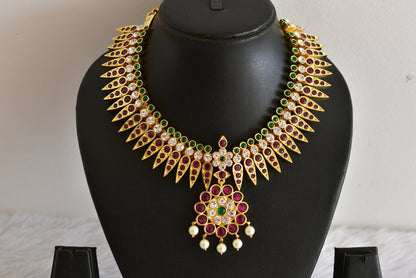 Gold tone precious kemp-green-white pearl mulla mottu big necklace dj-52259