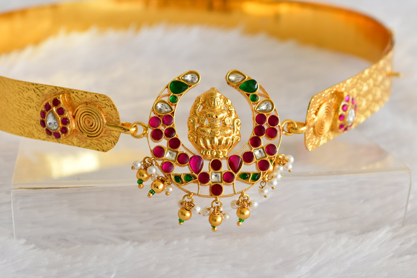Gold tone pink-green-white kundan jadau Lakshmi mango waist band dj-52171