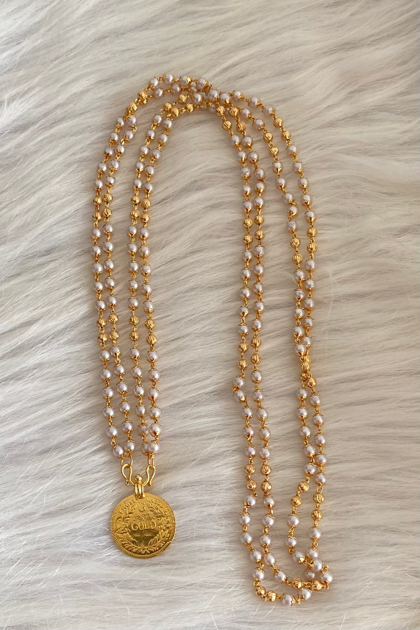 Gold tone 30 inches pearl chain with lakshmi coin pendant dj-54272