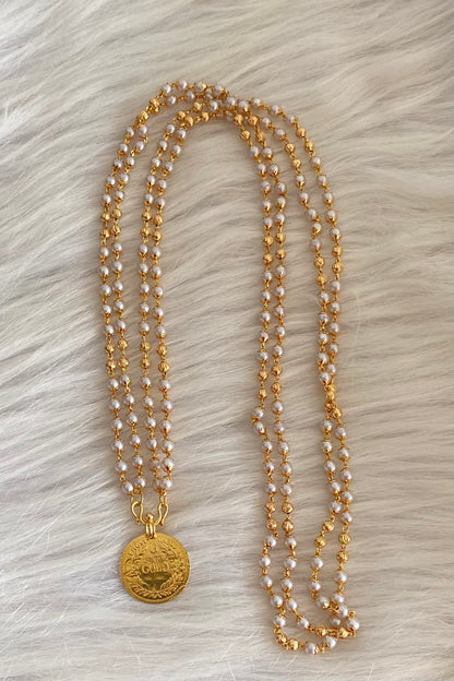 Gold tone 30 inches pearl chain with lakshmi coin pendant dj-54272