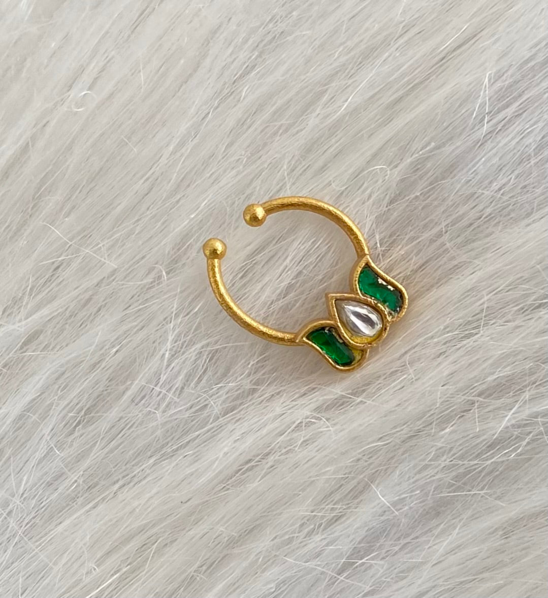 Gold tone kundan jadau green-white stone lotus nose pin/bulakku dj-53754