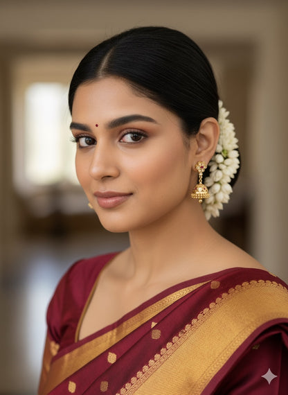 Gold tone ad pink-white south indian flower jhumkka dj-52243