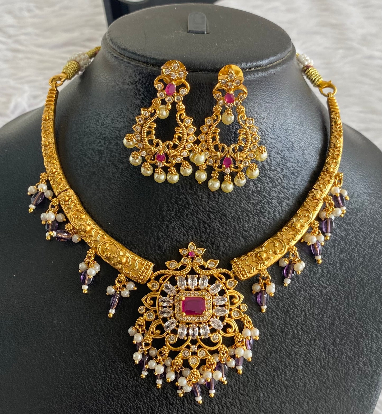 Matte finish cz white-ruby block stone purple beaded kante necklace set dj-51066