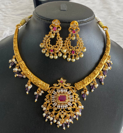 Matte finish cz white-ruby block stone purple beaded kante necklace set dj-51066