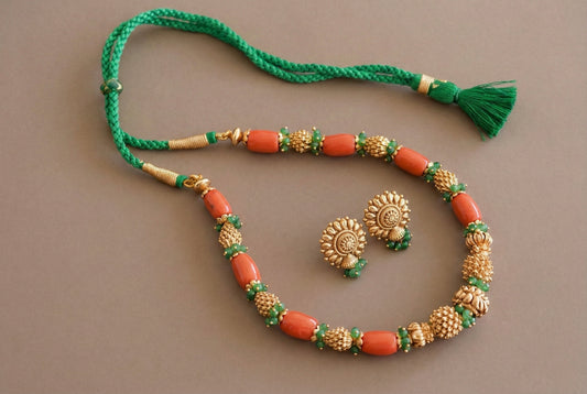 Antique gold tone flower coral-green nakshi beaded necklace set dj-52696