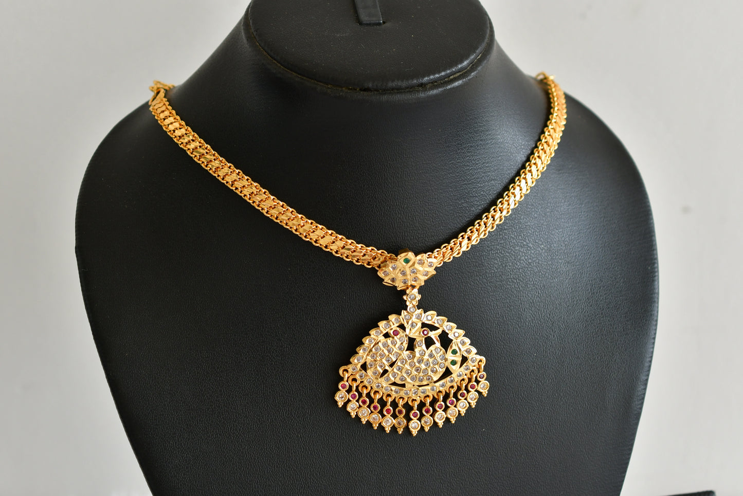 Gold tone south indian AD pink-green-white peacock attigai/necklace dj-51894