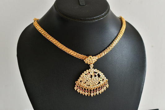Gold tone south indian AD pink-green-white peacock attigai/necklace dj-51894