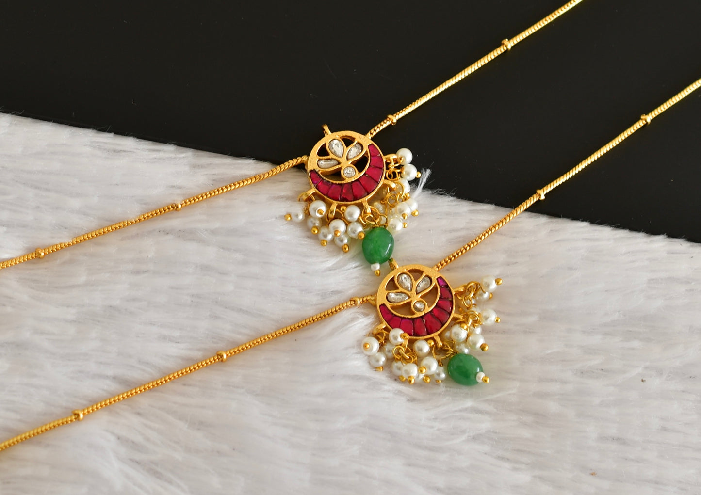 Gold tone pink-green pearl kundan jadau anklets dj-52386