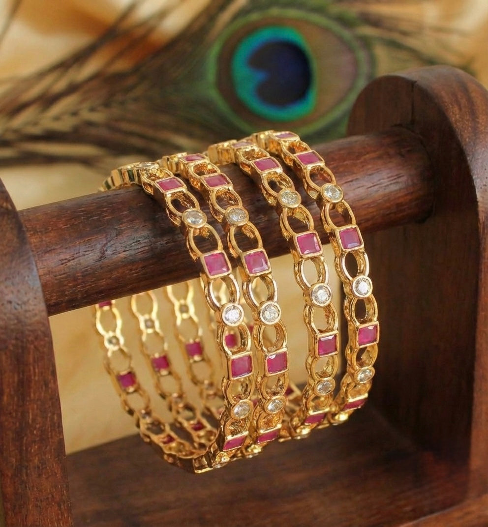 Gold Tone Ruby-white Set Of 4 Bangles(2.6) DJ27642