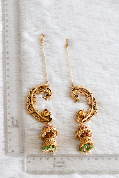 Antique gold tone kemp-green-pearl peacock khanpool step jhumkka dj-51875