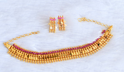 Gold look alike ruby stone elakka thali choker necklace set dj-53104