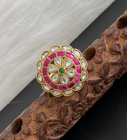 Gold tone pink-green-white kundan jadau round finger ring dj-54320
