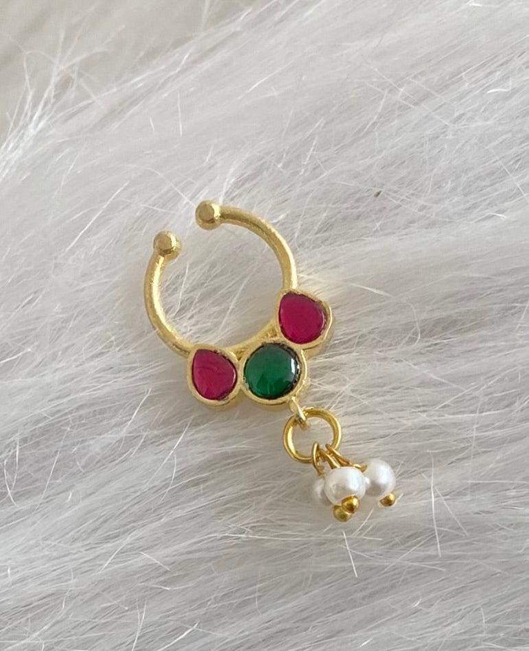 Gold tone kundan jadau pink-green stone pearl nose pin/bulakku dj-53795