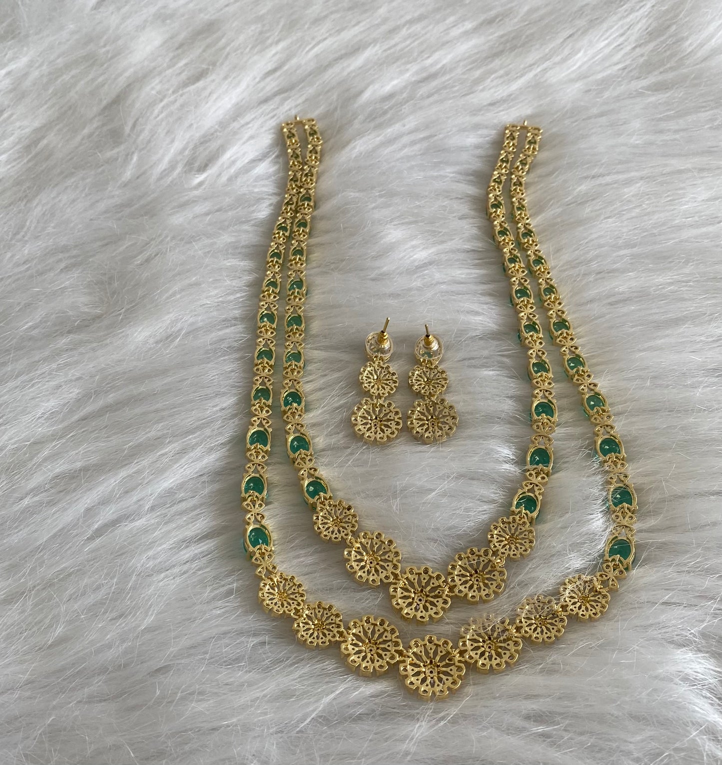 Two tone cz peacock green stone double layer short haar set dj-54411