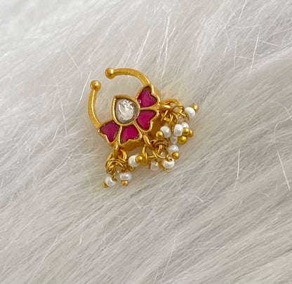 Gold tone kundan jadau pink-white stone pearl flower nose pin/bulakku dj-53794