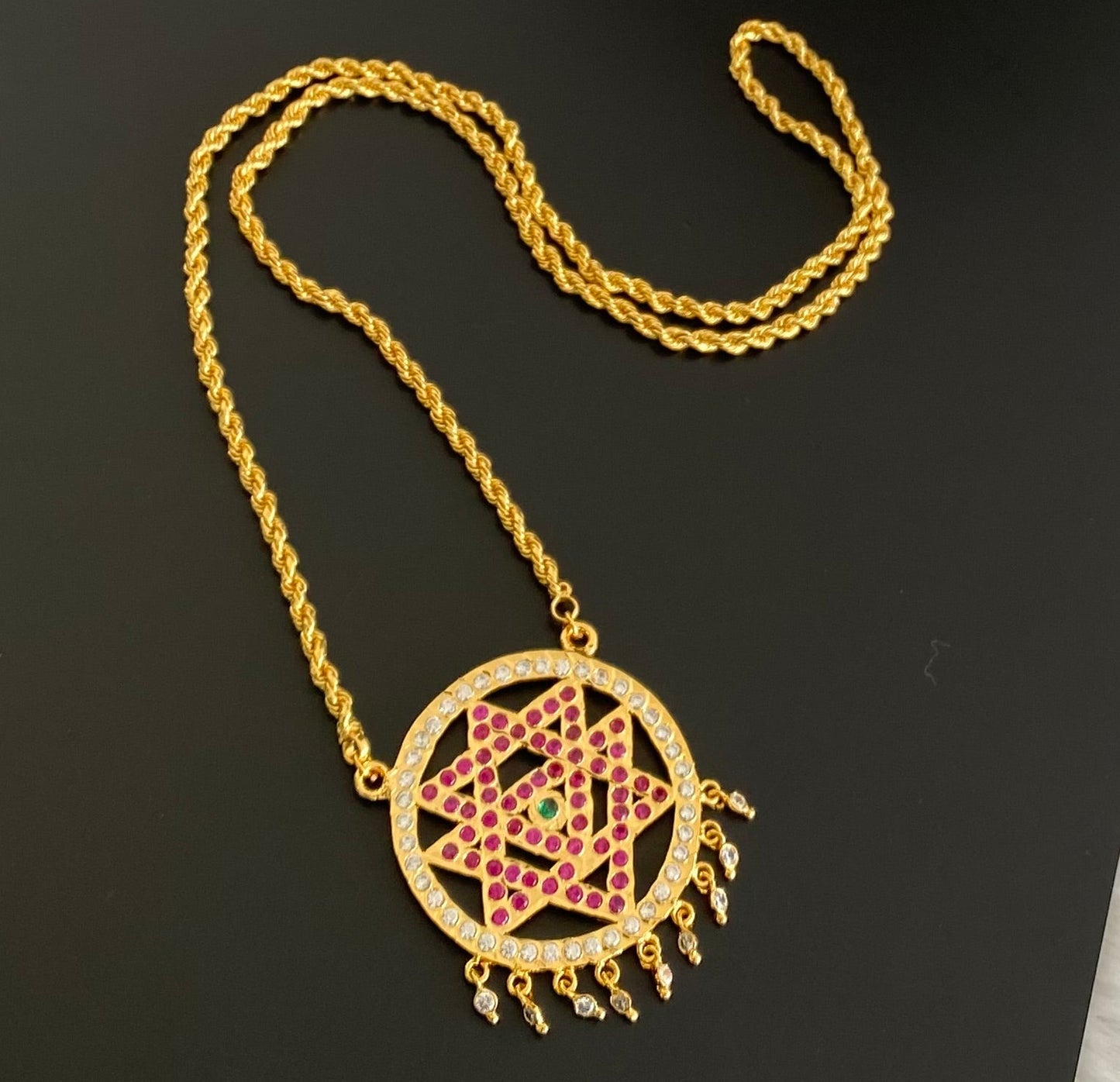 Gold tone 24 inches chain with AD pink-white-green chakram pendant dj-53262