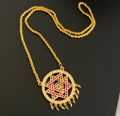 Gold tone 24 inches chain with AD pink-white-green chakram pendant dj-53262