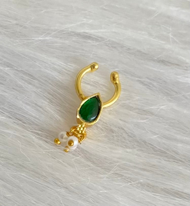 Gold tone green stone pearl nose pin/bulakku dj-53811