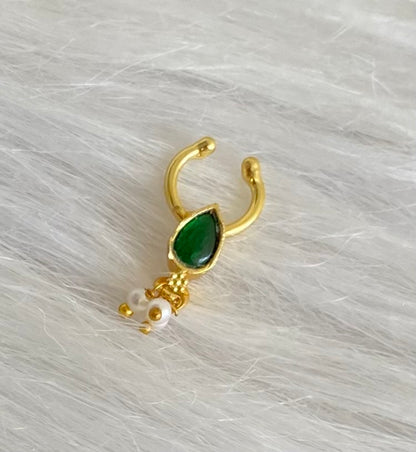 Gold tone green stone pearl nose pin/bulakku dj-53811