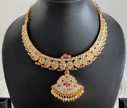Gold tone ad ruby-white stone mango necklace dj-51197