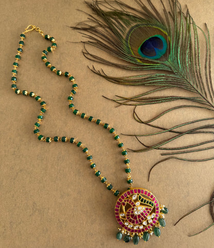 Gold tone pink-green-white kundan jadau pumpkin green peacock beaded necklace dj-51536