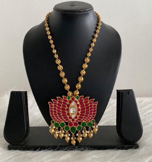 Gold tone pink-green kundan jadau lotus pendant necklace dj-52602