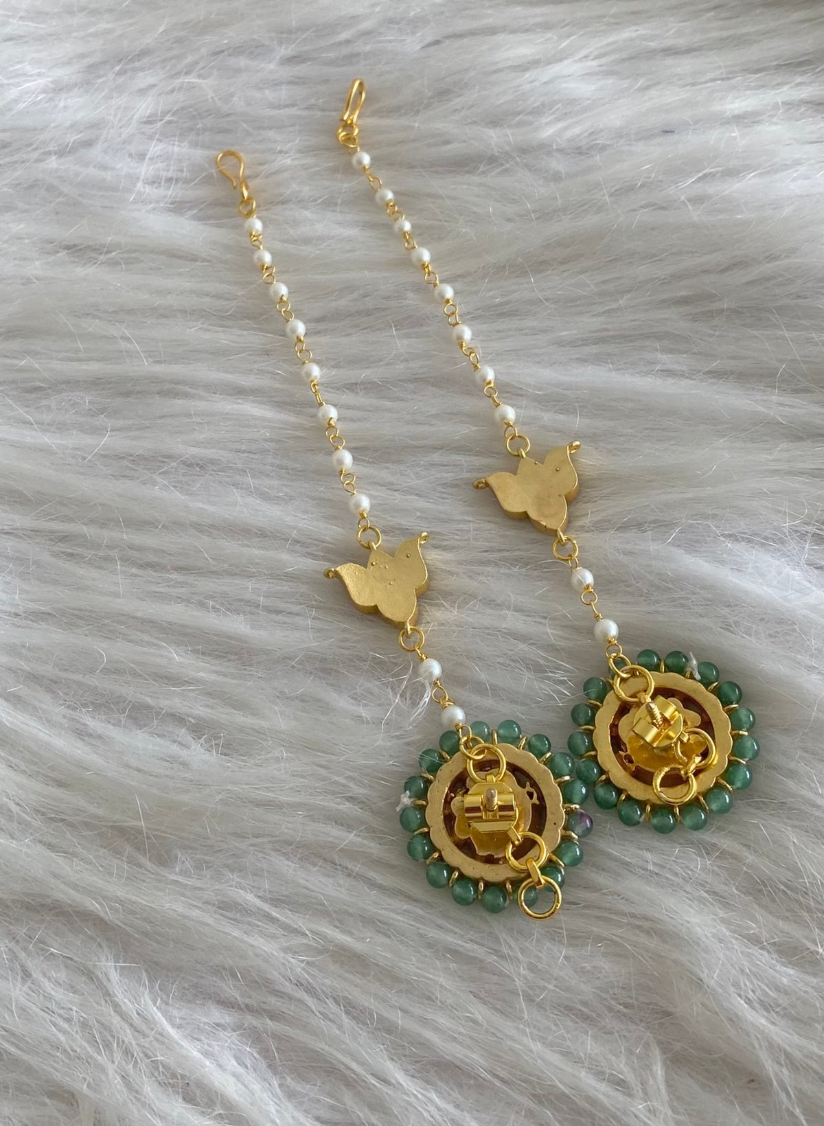 Gold tone kundan jadau green bead peacock round earrings with lotus side chain dj-55058