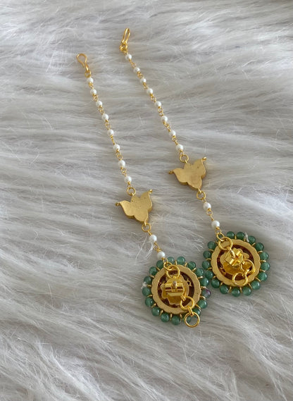 Gold tone kundan jadau green bead peacock round earrings with lotus side chain dj-55058