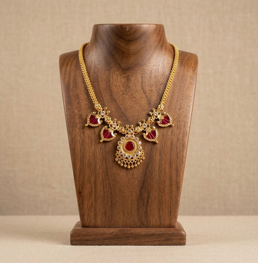 Gold tone white-red palakka necklace dj-53066