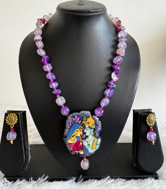 Hand painted radhe-krishna sliced agate pendant with purple onyx beaded necklace set dj-52625