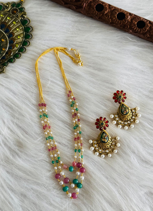 Gold tone pink-green pearl beaded multi layer necklace set dj-51332
