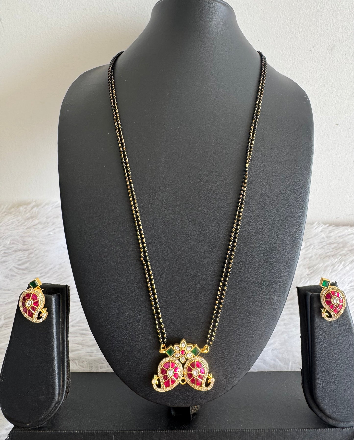Matte finish pink-green-white kundan jadau mango 24 inches mangalsutra set dj-51540