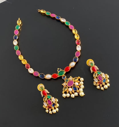 Gold tone navarathna oval stone pearl necklace set dj-54760