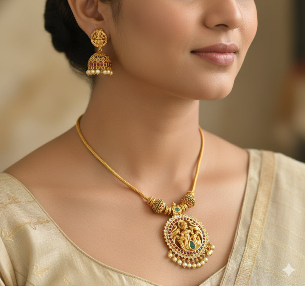 Matte finish ruby-green-white lakshmi kodi necklace set dj-45027