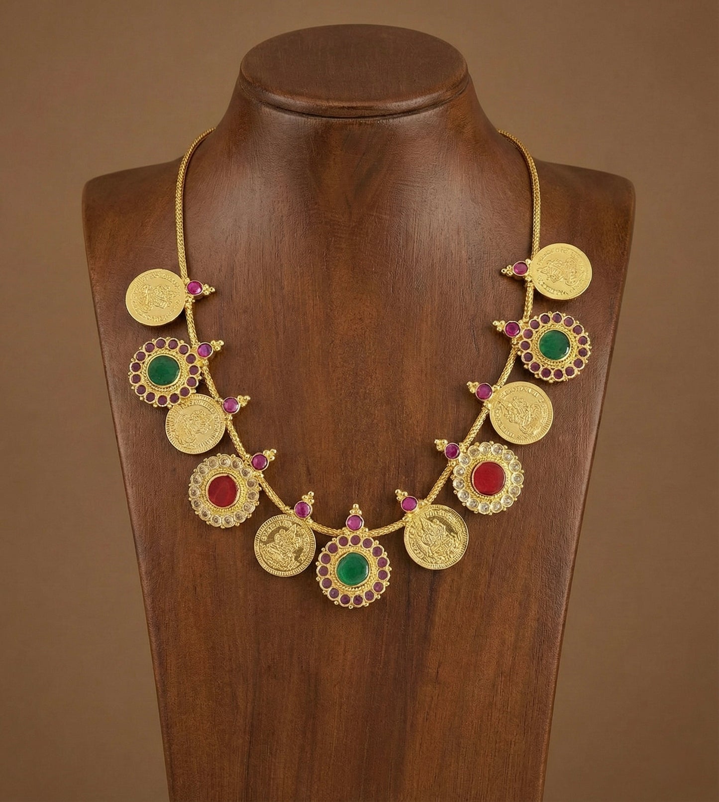 Gold tone kerala style red-green round lakshmi coin necklace dj-51692