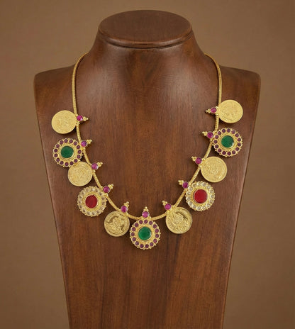 Gold tone kerala style red-green round lakshmi coin necklace dj-51692