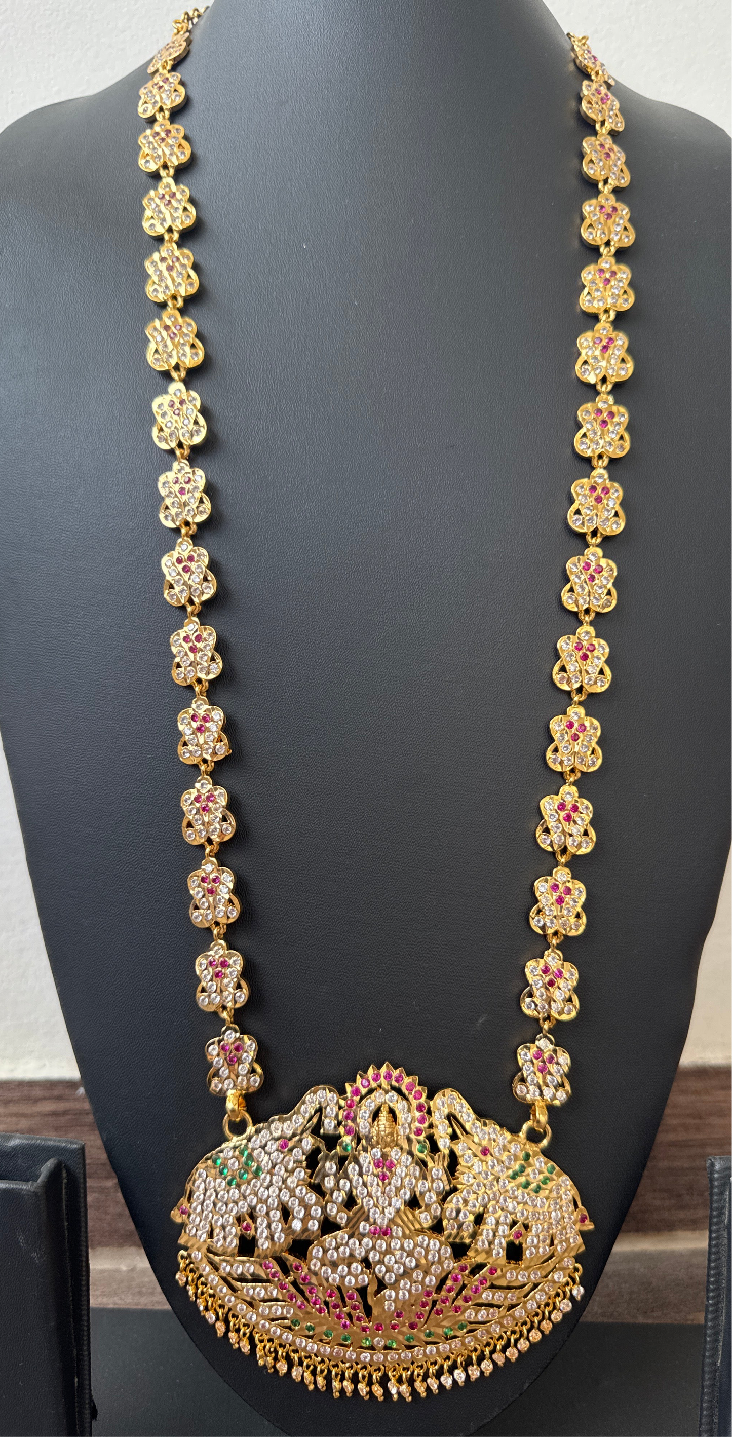 Gold tone south indian style grand AD pink-green-white gaja lakshmi haar dj-50492