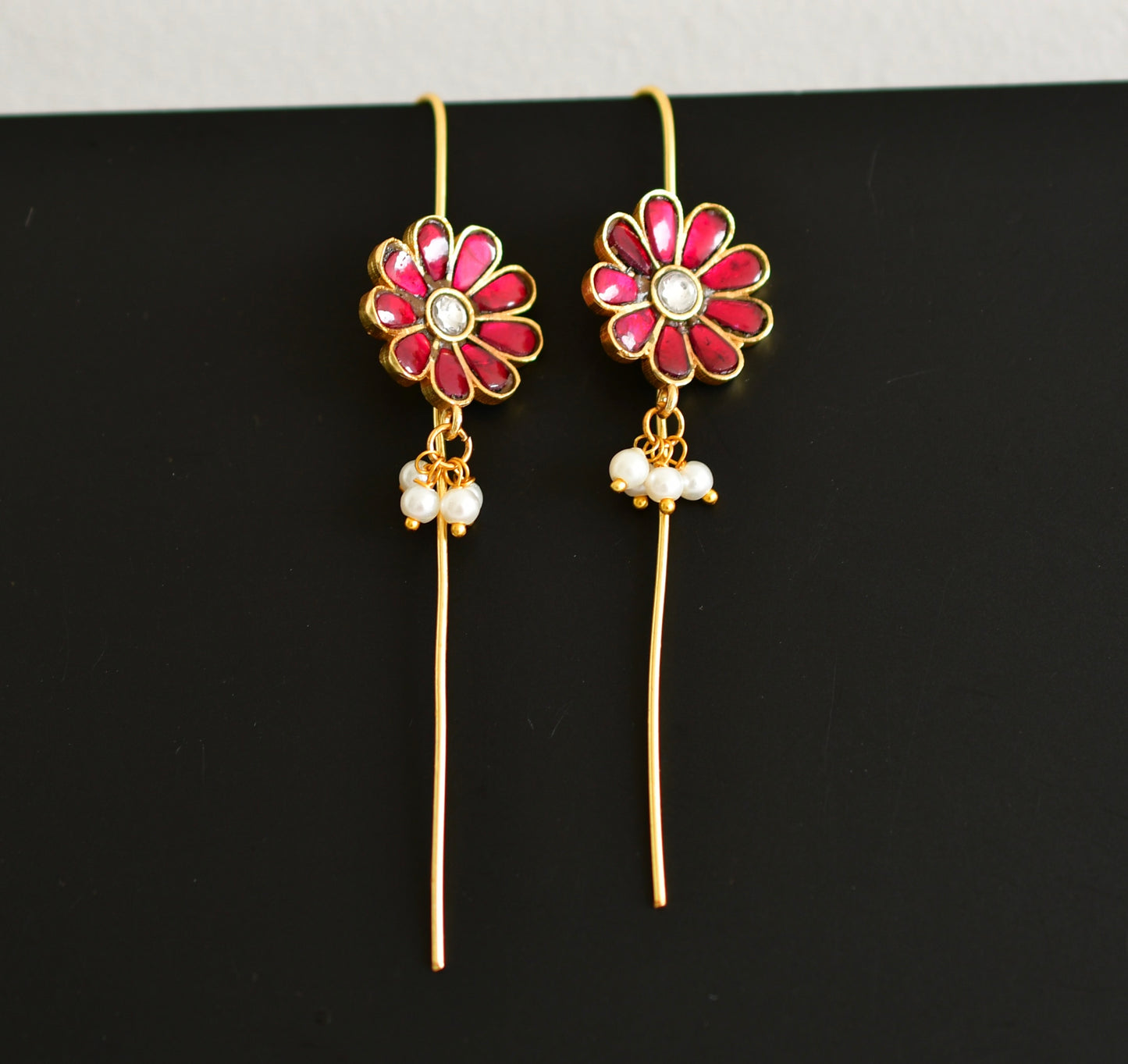 Gold tone pink-white kundan jadau flower bugadi needle earrings dj-52461