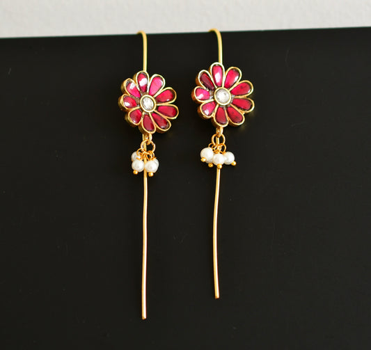 Gold tone pink-white kundan jadau flower bugadi needle earrings dj-52461