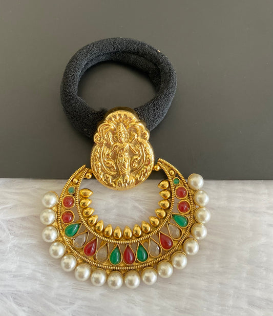 Antique gold tone lakshmi pink-green-white pearl hair band dj-52940