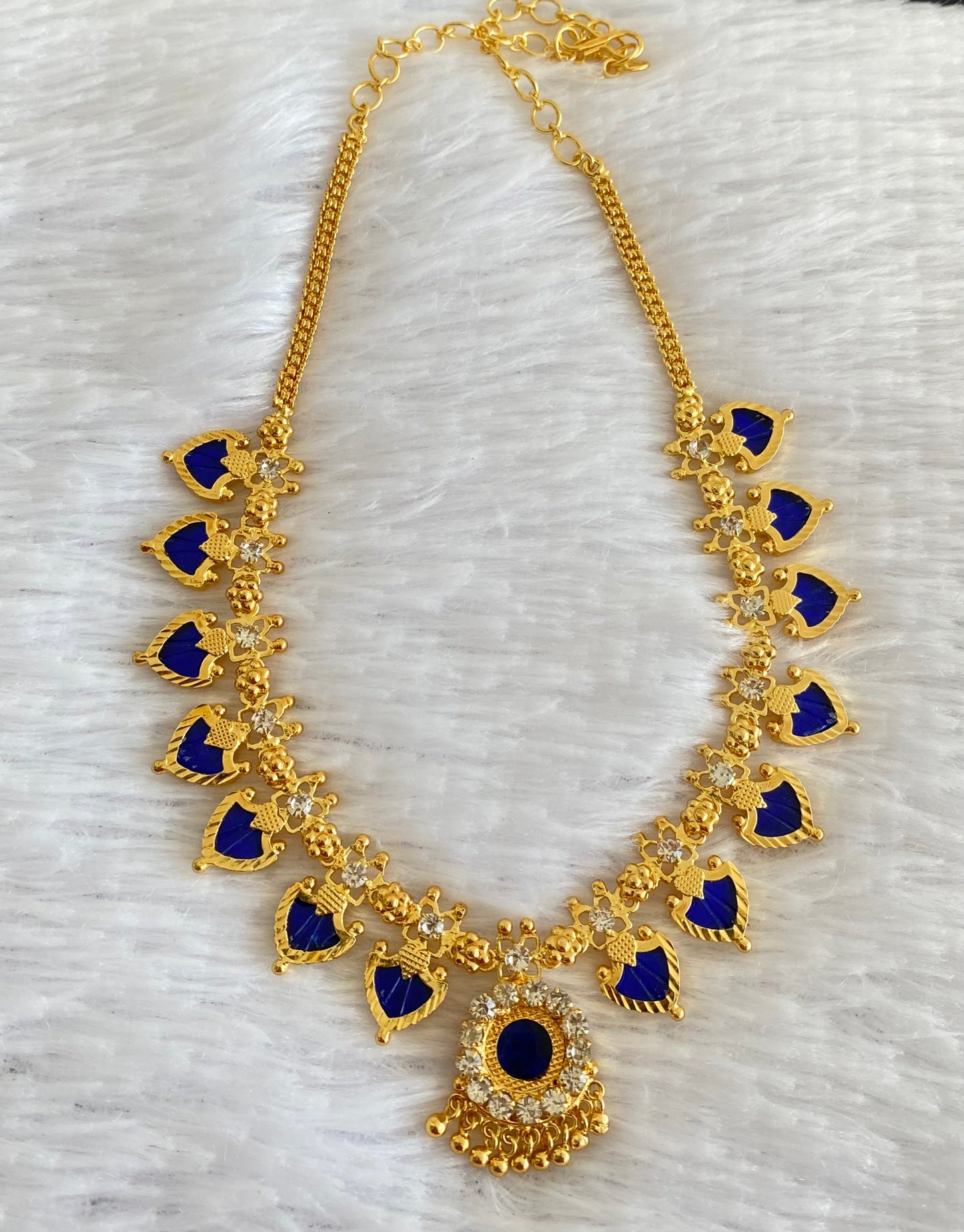 Gold tone white-blue palakka necklace dj-53062