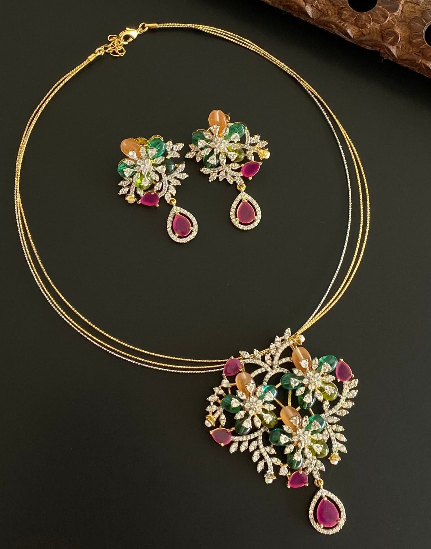 Two tone cz multicolor beaded pendant set with kanti necklace dj-53999