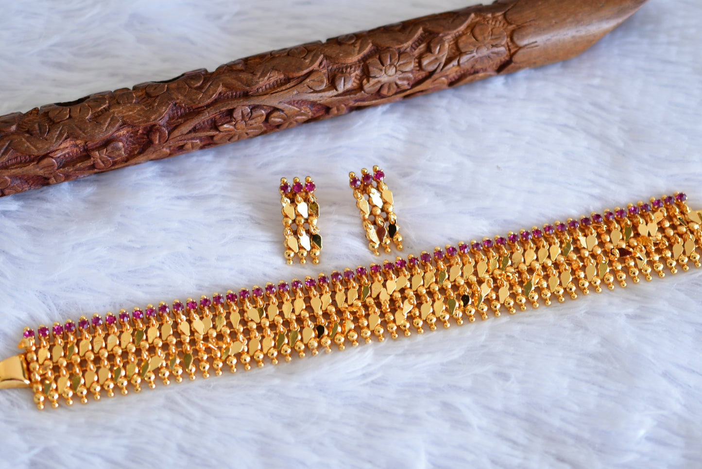 Gold look alike ruby stone elakka thali choker necklace dj-47726