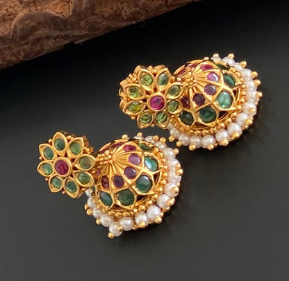 Antique gold tone kemp-green pearl  jhumkka dj-53571