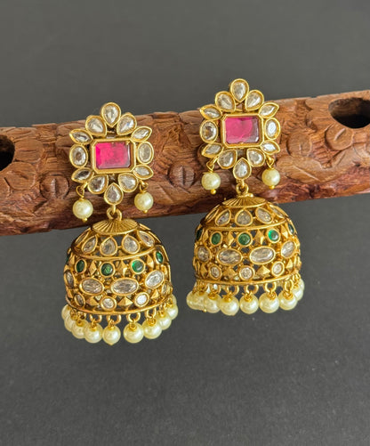 Matte finish ruby-green-white pearl block stone jhumkka dj-52102