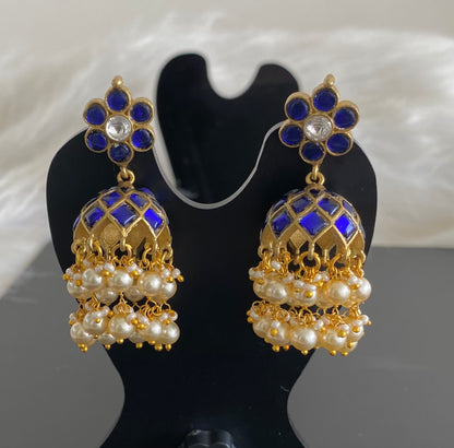 Antique gold tone blue-white stone kundan jadau pearl jhumkka  dj-54583