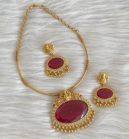 Matte finish lakshmi big red oval stone pendant hasli necklace set dj-54251