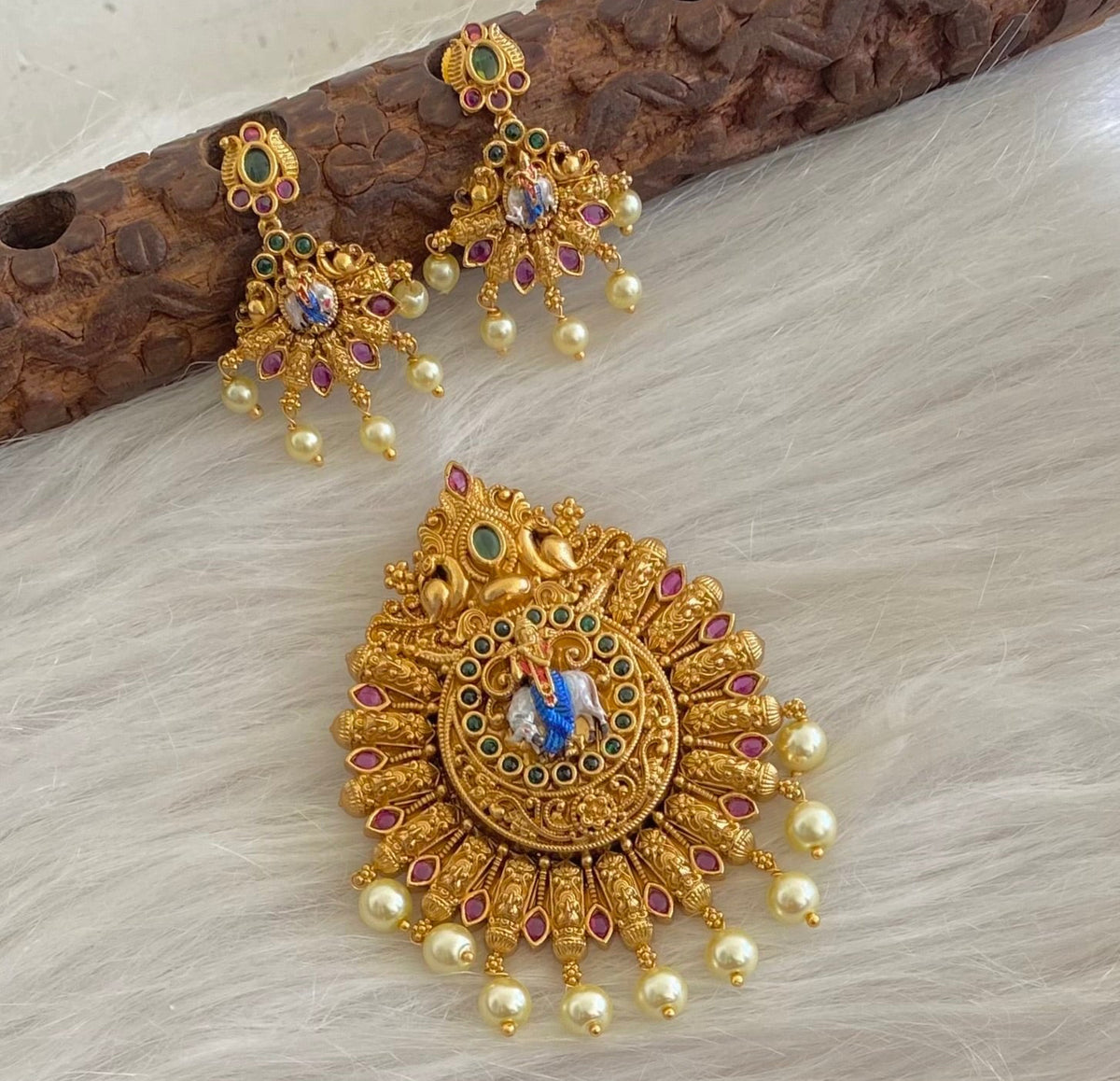 Antique gold tone pearl peacock krishna meenakari pendant set dj-54742