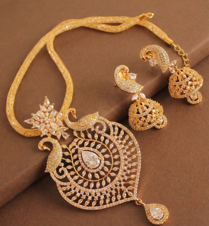 Gold Tone Cz white peacock necklace set-dj04075