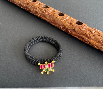 Gold tone pink-green-white kundan jadau lotus hair band dj-51488